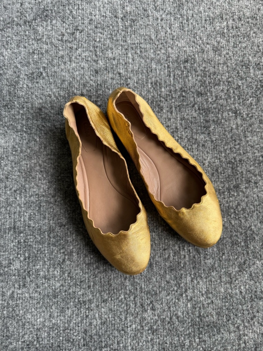 Chloe Metallic Gold Scalloped Leather Ballet Flats Size 36